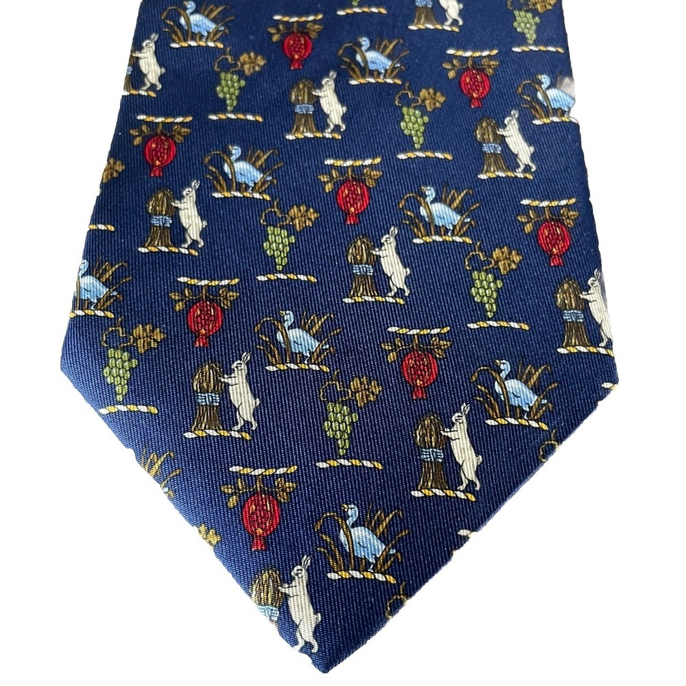 New Salvatore Ferragamo Silk Necktie Rabbit Fall Leaves Grapes 3.75" - 58" - Picture 1 of 8
